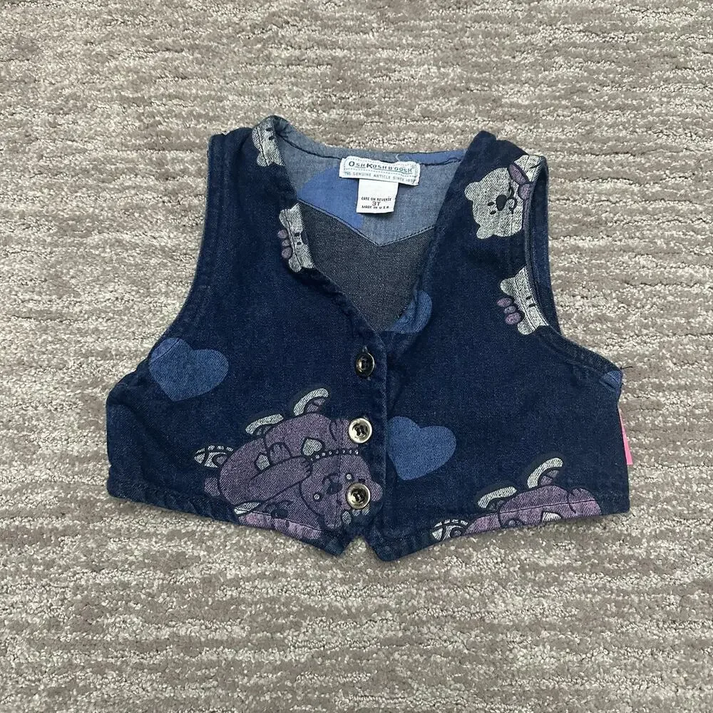 Vintage OshKosh B'gosh Vest Girls 3T Blue Denim Teddy Bear Heart Print USA 90s
